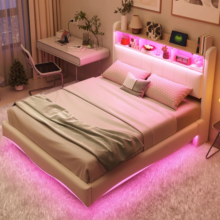 Beiges Schwebebett 140x200 cm Mit LED Beleuchtung Und USB Type C Anschlüssen Doppelbett Mit Stauraum Modernes Design 250 Kg Tragkraft – Bild 4