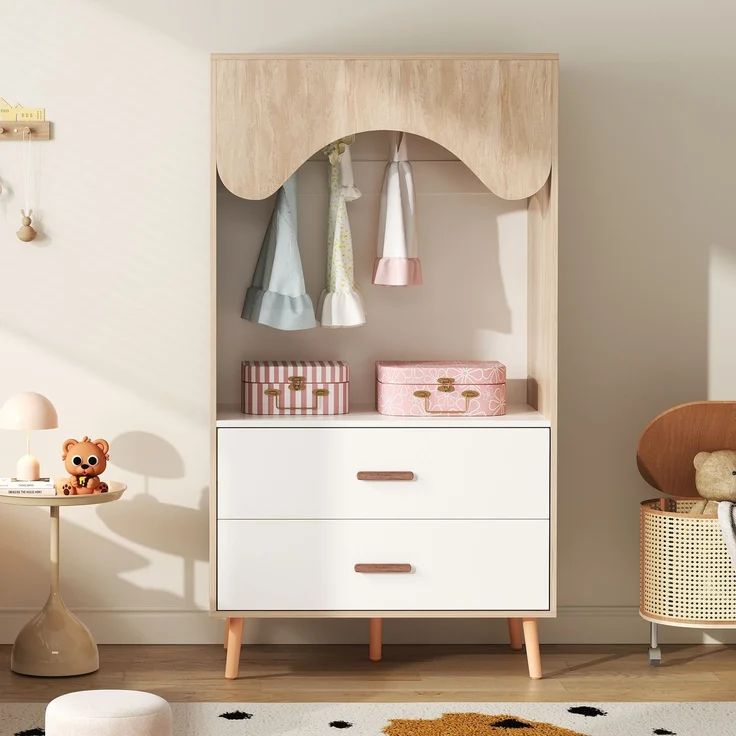 Offener Kinderkleiderschrank, HDF+Massivholzgriffe, Weiß-Natur Optik 80x46x141,5cm für Kinderzimmer Schlafzimmer – Bild 1