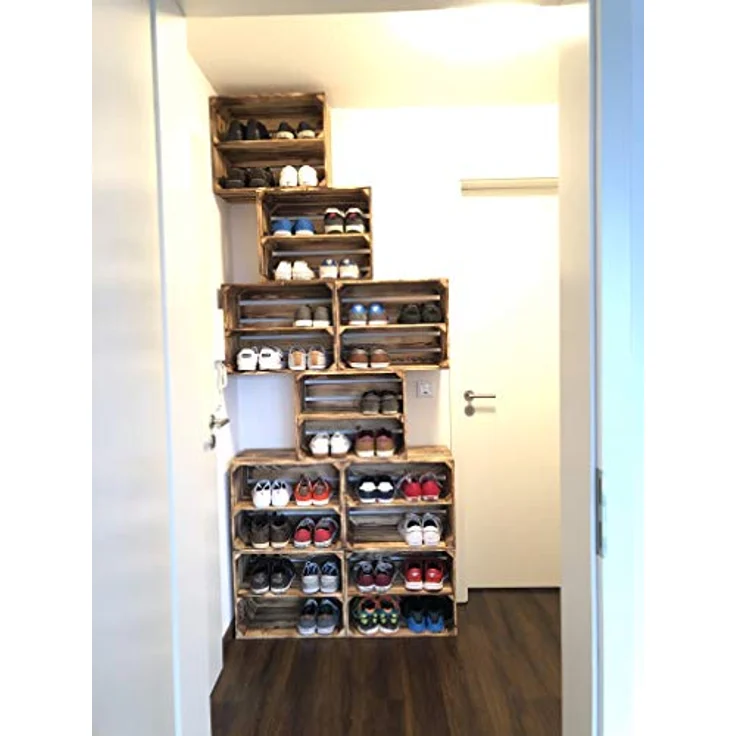 3 x Schuhschrank Schuhregal aus geflammten Holzkisten Schuhablage für 12 Paar Schuhe als Schuhständer Schuhaufbewahrung aus Holz Maße 50 x 30 x 40 cm (je Kiste) stabiles Regal in Obstkisten Optik – Bild 8