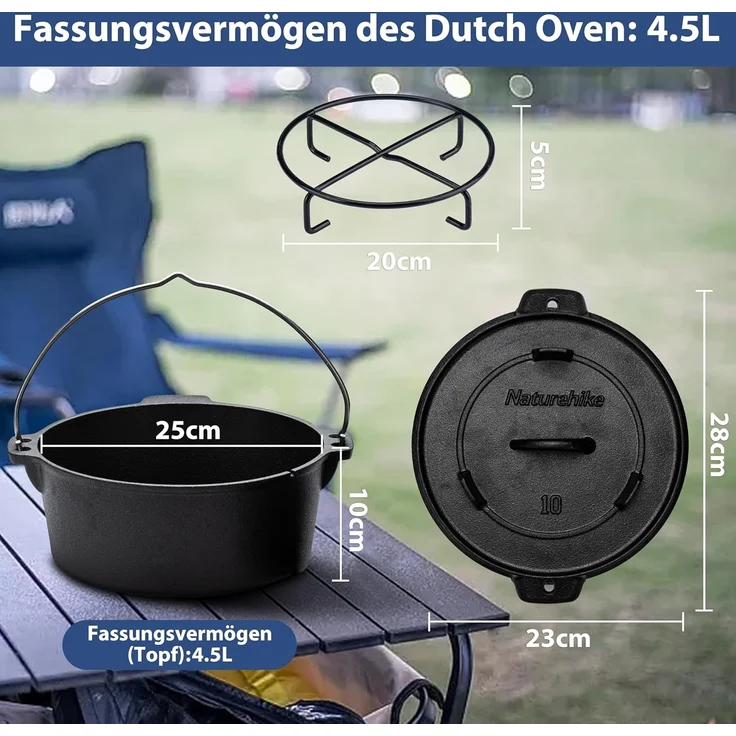 Naturehike Dutch Oven mit Deckel, 4.5 Qt, vorgebrannter Dutch Oven aus Gusseisen mit Aufbewahrungstasche, Doppelgriffe, Deckel dient auch als Grillpfanne aus Gusseisen, Schwarz – Bild 2