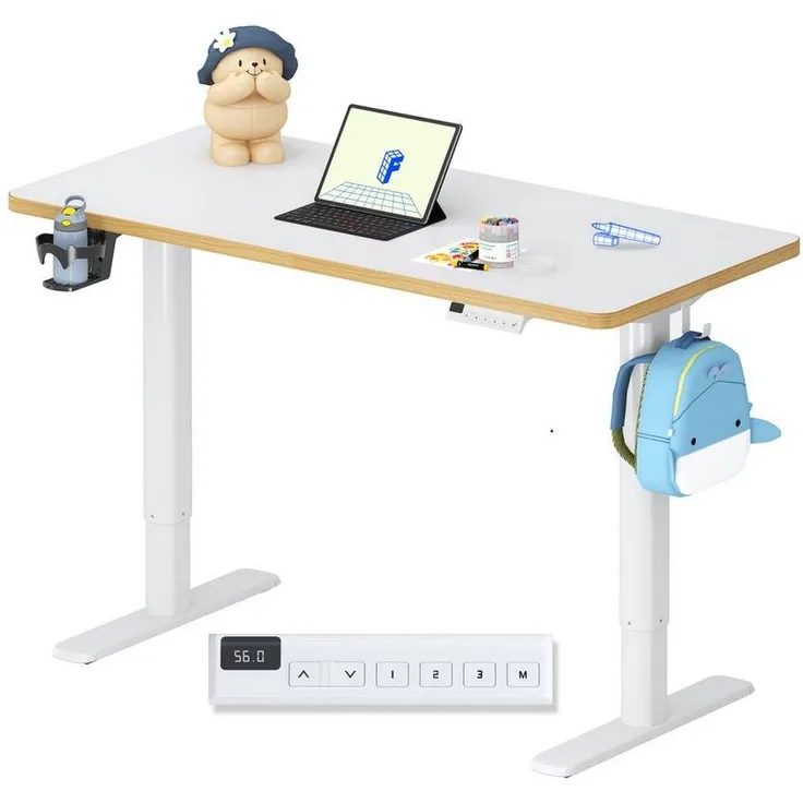 FLEXISPOT Schreibtisch Kinderschreibtisch Höhenverstellbar (16mm Abgerundete Tischecken, LED-Display & 3 Speichertaste), MIT 2xHaken& 1xBecherhalter, Kindersicherung