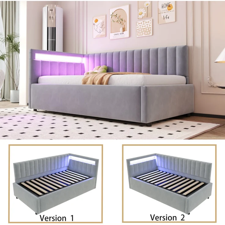 Merax Polsterbett Schlafsofa 90x200, mit LED-Beleuchtung und hydraulischem Stauraum, klassisches vertikales Streifendesign, seitliche Kopfteile mit austauschbaren Positionen, Lattenrost, Samtstoff, Hellgrau – Bild 3