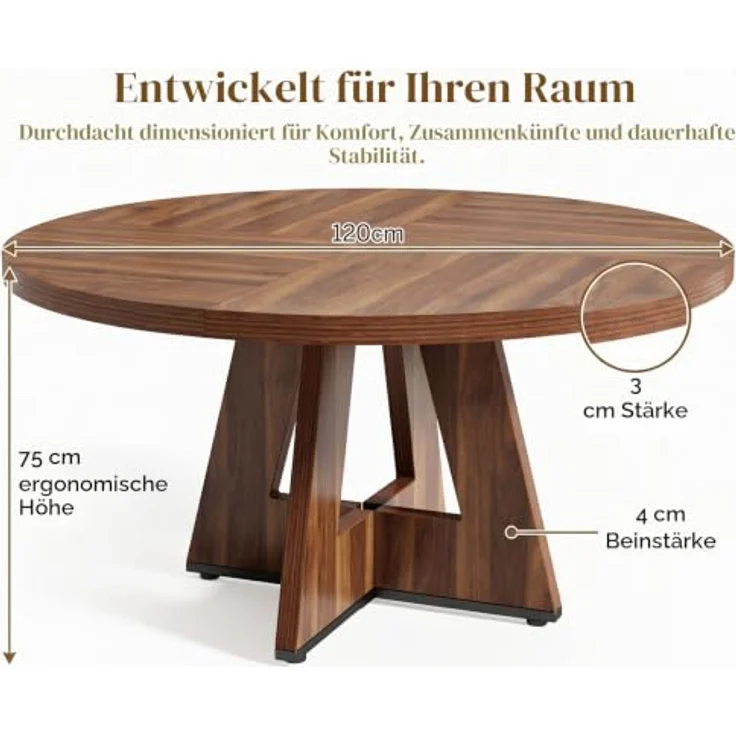 LITTLE TREE Runder Esstisch 120 cm, Esszimmertisch mit Holzsockel für 4–6 Personen, Kleiner Küchentisch im Minimalistischen Design, für Wohnzimmer Balkon Esszimmer, Retro Braun – Bild 3