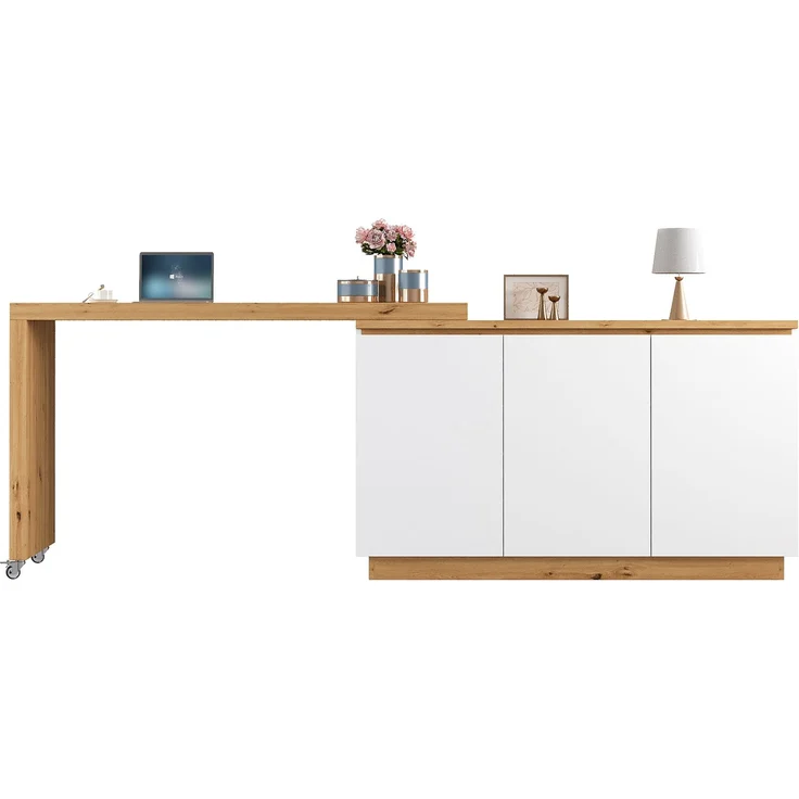ZUBALIYA Schreibtisch mit feststellbaren Rollen – multifunktionales Design, 4 cm dickere, drehbare Tischplatte, fest arretierbar, weiß/Eiche, Faltbarer Schreibtisch, Eckschreibtisch, Sideboard,Dicke Materialie – Bild 8