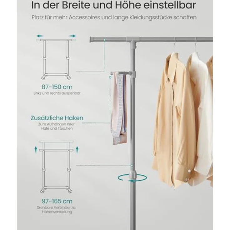 SONGMICS Kleiderständer auf Rollen, Kleiderstange, höhenverstellbar zwischen 97 und 165 cm, ausziehbare Garderobenstange, Garderobenständer, seitliche Haken für Accessoires, taubengrau LLR001G01 – Bild 4