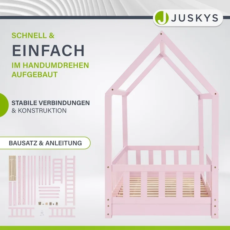 Juskys 'Marli' Kinderbett, mit Matratze, Rausfallschutz, Lattenrost & Dach - Massivholz Hausbett für Kinder - Bett in Rosa, 80x160 cm