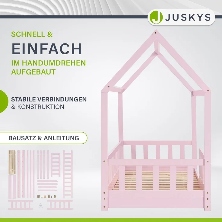 Juskys 'Marli' Kinderbett, mit Matratze, Rausfallschutz, Lattenrost & Dach - Massivholz Hausbett für Kinder - Bett in Rosa, 80x160 cm – Bild 1
