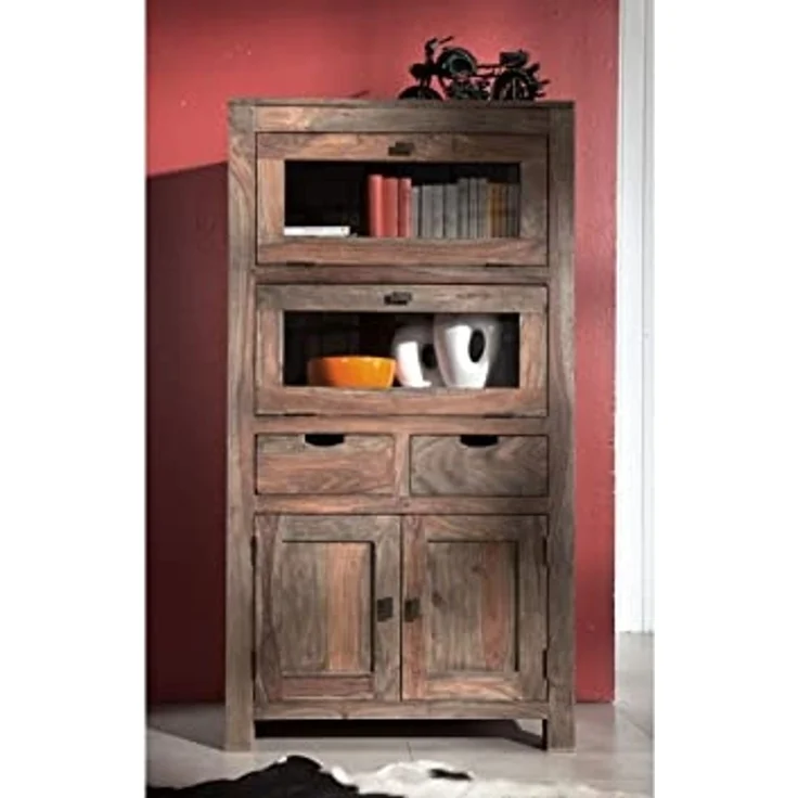 Massivmoebel24 Highboard (Highboard Sheesham 80 x 40 x 148 grau geölt NATURE GREY #60) – Bild 2