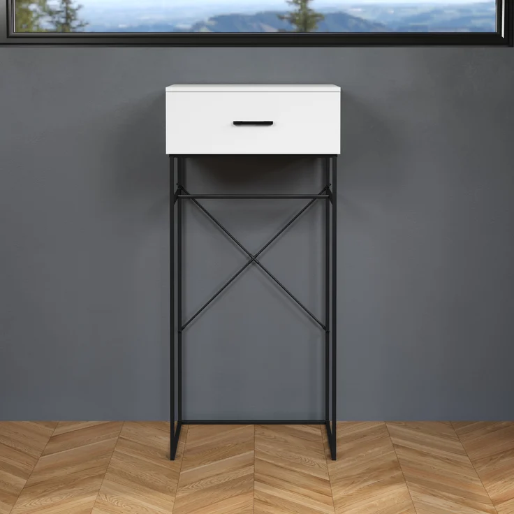 trendteam smart living - Strike - Beistelltisch - Weiß/Schwarz - Wohnzimmertisch auf robustem Metallgestell - (BxHxT) 60 x 132 x 48 cm - praktische Schublade – Bild 6