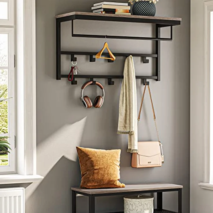 Hoobro Wandgarderobe mit Ablage, Wandregal mit 10 Haken und Stangen, 80 x 30 x 42 cm, Wandmontiertes Hängeregal für Flur, Wohnzimmer, Schlafzimmer – Bild 3