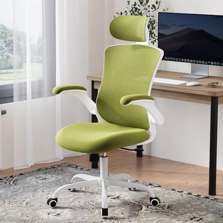 COLAMY Bürostuhl Mesh Computerstuhl, Bürostuhl Ergonomisch, Arbeitsstuhl mit Verstellbarer Kopfstütze und Lendenwirbelstütze, Schreibtisch Stuhl mit hochklappbarer Armlehne, 140° Wippfunktion, Grün – Bild 3