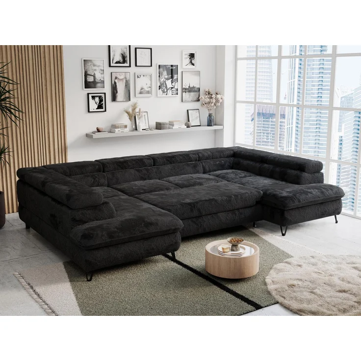 Ecksofa U-Form, mit Bettkasten, Bettfunktion und Einstellbare Kopfstützen, Sofa big XXL - PETER U - Schwarz Plüsch - Topper T25 – Bild 4
