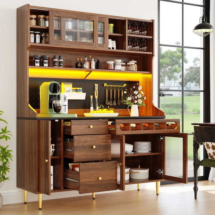 Hochschrank 145 x 39 x 171 cm aus Glas und MDF mit LED-Beleuchtung und Schiebetüren
