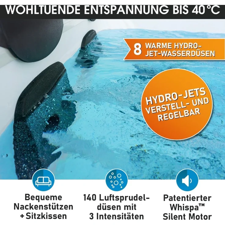 BRAST Whirlpool MSpa Oslo & Amber Aero Plus mit Fester Außenwand inkl. LED-Beleuchtung, (für 6 Personen, 180 x 180 x 65 cm, 140 Massagedüsen), Ganzjähriger Einsatz Winterfest, In & Outdoor Pool – Bild 6