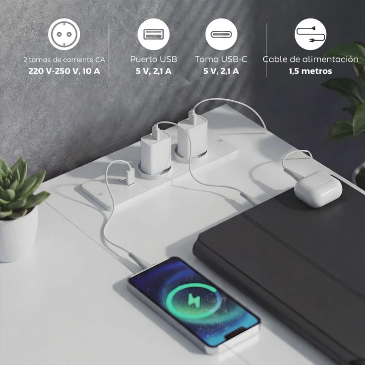 JARDJ Wendbarer Eckschreibtisch mit 6 Schubladen (126 x 48 cm), Steckdose, USB- und USB-C-Ladeanschluss, Weiß – Bild 7