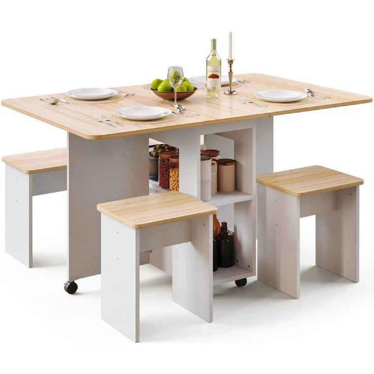 Mondeer Essgruppe Esstisch mit 4 Hockern, Platzsparend, 3-in-1-Funktion, Rollbar & Stabil 120x80 cm – Bild 2