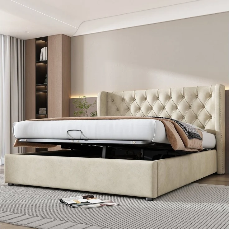 Odikalo Polsterbett Doppelbett mit Bettkasten & Lattenrost Mehrfarbig (140x200 160x200 180x200 180x190 Polsterbett Ohrenform Samtstoff Große Knopfnähte Doppelbett, Hydraulisches Funktionsbett mit Lattenrost und Stauraum, Bettunterseite ist mit einem sc... – Bild 5