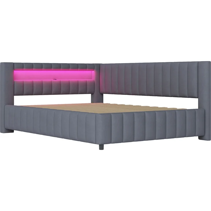 L Form Polsterbett Schlafsofa 140x200 cm Samt LED Beleuchtung USB Ladeanschluss mit Lattenrost Grau Tagesbett Gästebett mit Kopfteil – Bild 6
