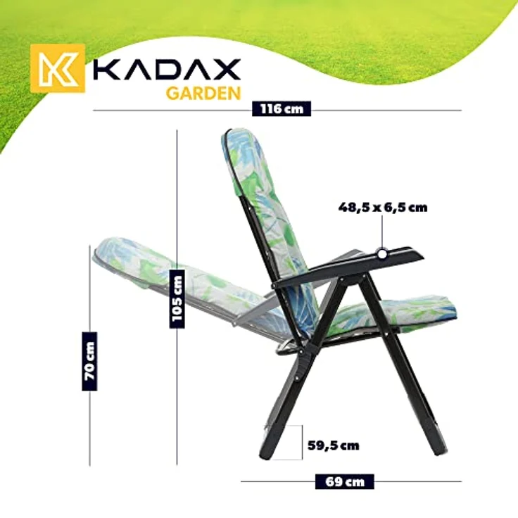 Kadax Gartenliegestuhl, Metall, mit verstellbarer Lehne, in Grün, Blau und Grau, 59x116 cm, ideal für Garten und Terrasse – Bild 2