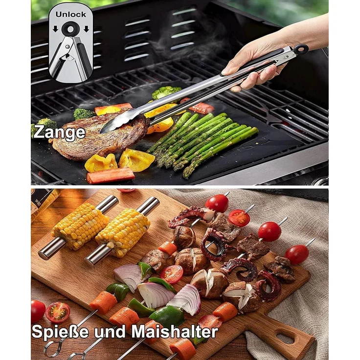Grillbesteck Set Edelstahl Grill Geschenke Zubehör mit Schürze und Koffer, 1x Grillbesteck-Set (21-tlg.) – Bild 4