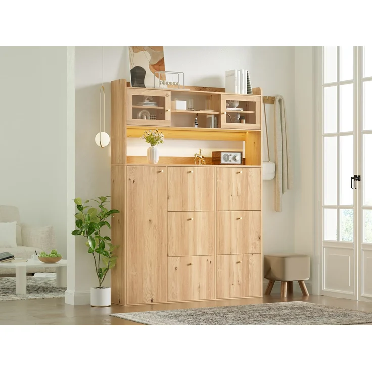 ZUBALIYA Schuhschrank (130 x 25 x 180 cm), 6 Klappfächer, LED - Beleuchtung, Stauraum für Flur und Eingangsbereich, Naturfarben – Bild 6