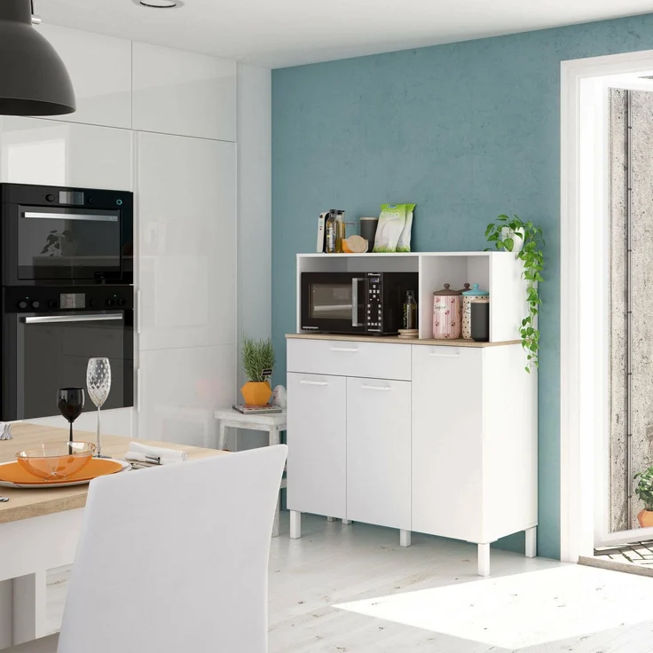 Dmora Kommode Angstrom, zusätzlicher Küchenschrank, Sideboard mit 3 Türen und 1 Schublade mit Regalen, offener Kleiderschrank, 108 x 40 x 126 cm, Weiß und Eiche – Bild 2