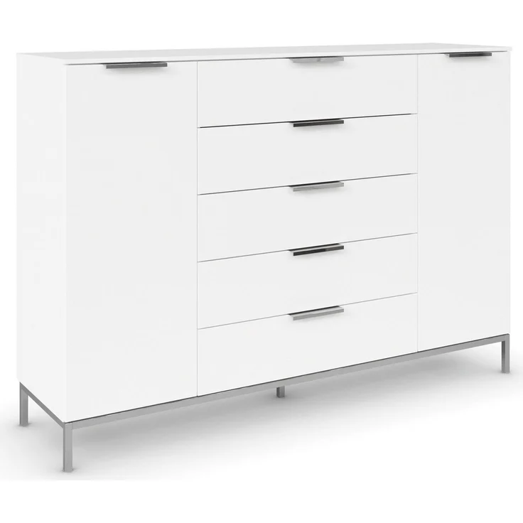 Rauch Möbel Flipp, Kombikommode, Kommode mit Stauraum für Wohnzimmer, Schlafzimmer, Flur, 4 Fachböden, mit Metallkufe chrom, Alpinweiß, 2-türig, 5 Schubkästen, Griffe chrom, 160 x 111 x 42 cm – Bild 2
