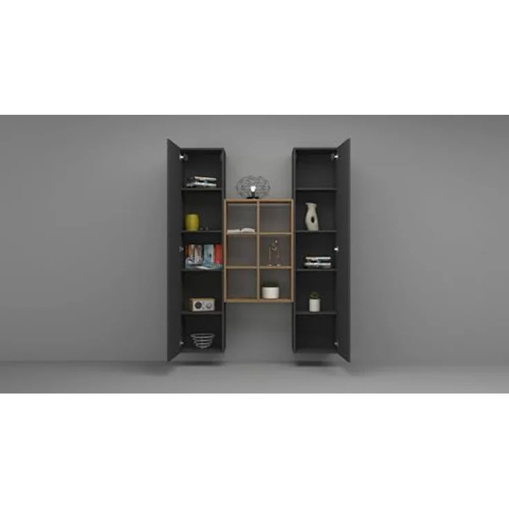Dmora - Kommode Franco, Wohnzimmer-Set mit 2 Türen und Regalen, Wohnzimmer-Buffet, Küchen-Sideboard, 100% Made in Italy, 140 x 30 x 180 cm, Anthrazit und Ahorn – Bild 5