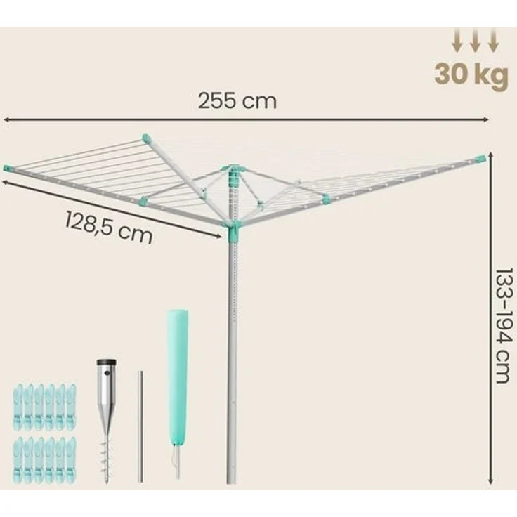 SONGMICS Wäschespinne, höhenverstellbarer, 60 m Wäscheleine, für 6 Waschladungen, draußen, silbern-grün – Bild 5