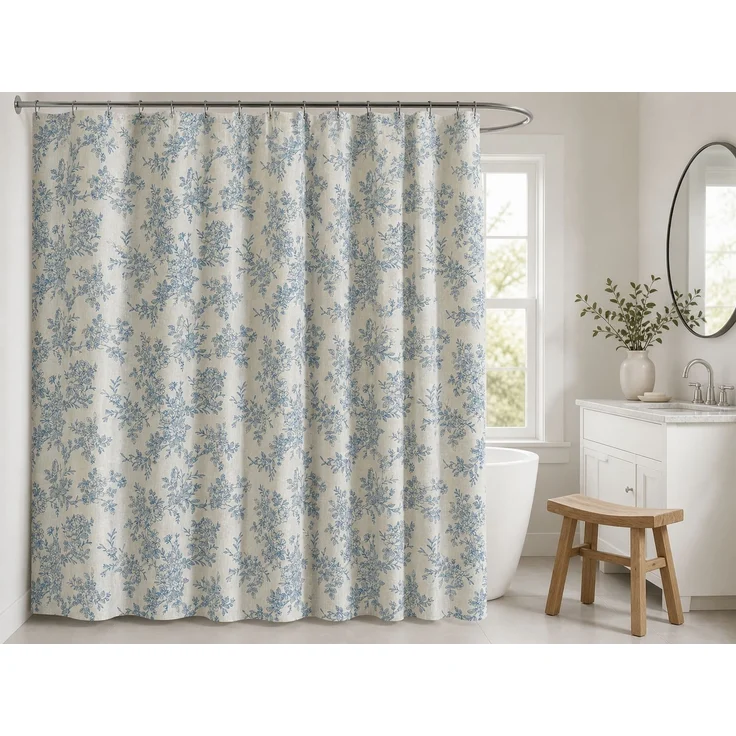 Wasserdichter Duschvorhang mit Blumenprint für Badezimmer Blau-Beige, 90x180 cm – Bild 2