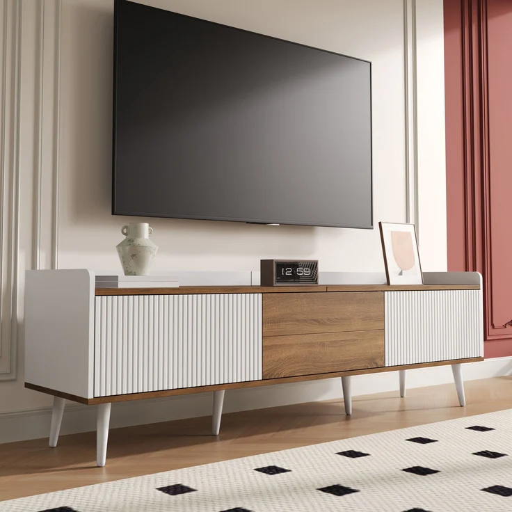 Stilvoller TV-Schrank mit 3 Türen – 160 cm, Weiß und Naturholz, stabil und geräumig, 160x39x49.5cm – Bild 7