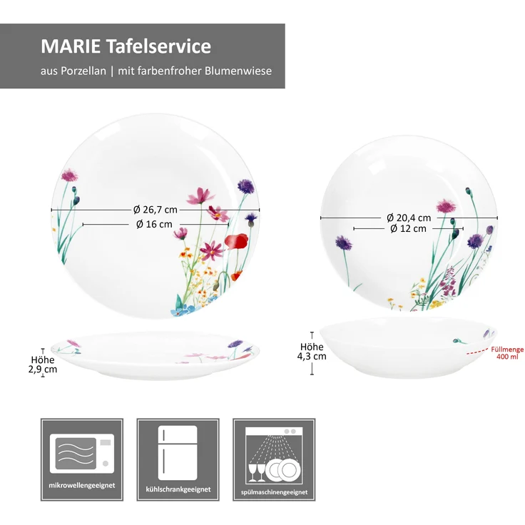 12tlg Tafelservice Marie Porzellan 6 Personen Speiseteller Suppenteller Blumen – Bild 7