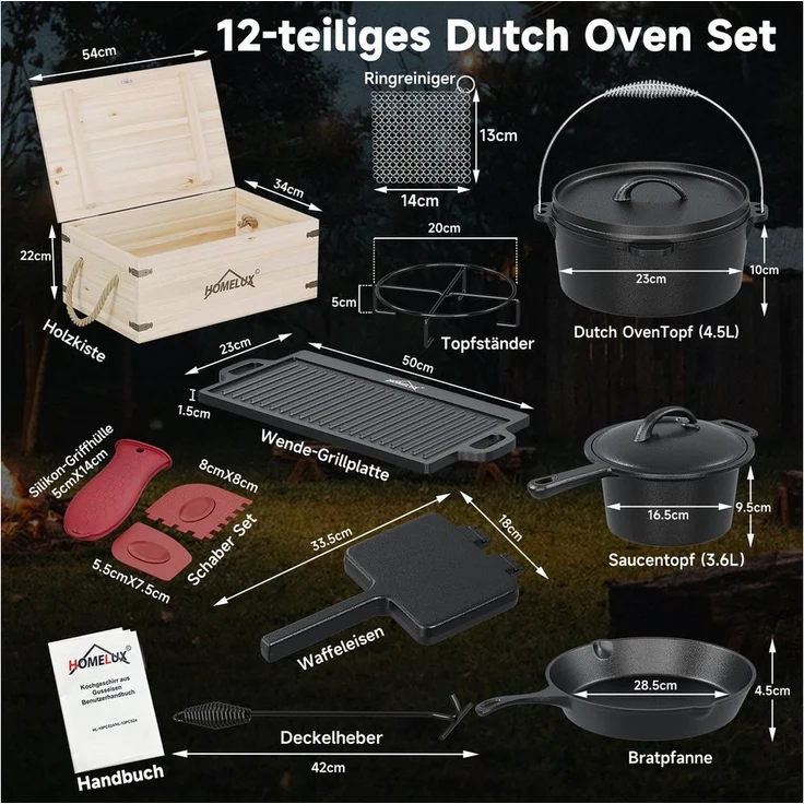HOMELUX Dutch Oven Set 12-tlg. in Holzkiste, Gusseisen, hitzebeständig bis 280 °C, inkl. Silikon-Griffhülle und Reinigungsschaber