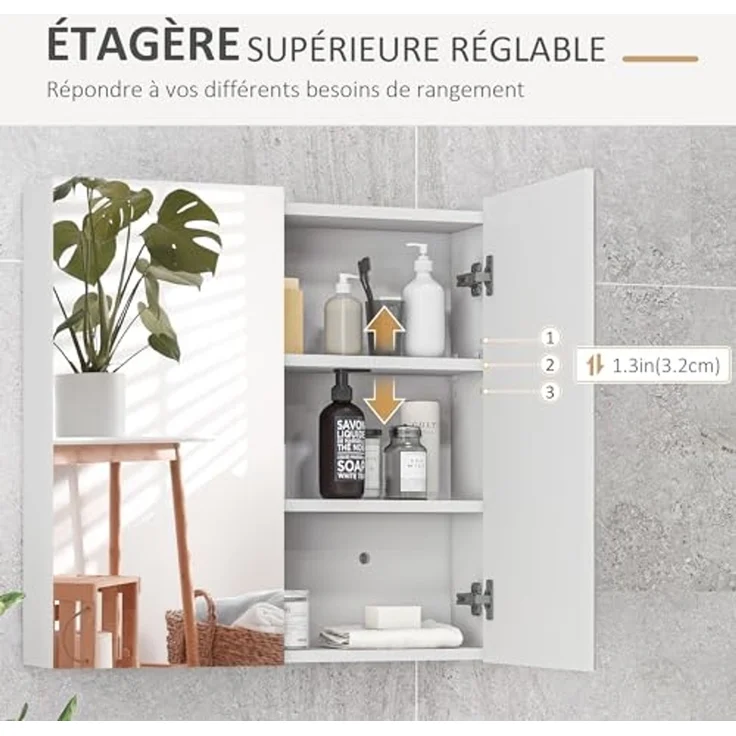 kleankin Wandschrank für Badezimmer, Aufbewahrungsschrank, 3 Ebenen, verstellbares Regal, 2 Türen und Spiegel, Hängeschrank, 60 x 15 x 60 cm, Weiß – Bild 5