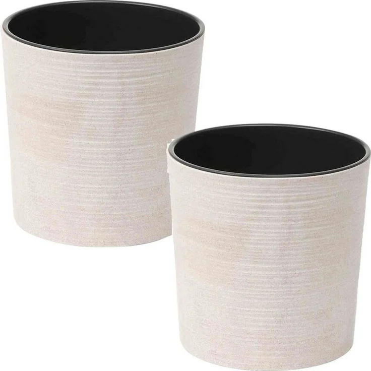 Pflanzgefäß LOCON 2er-Set weiß Ø 25 × H 25,5 cm – Kunststoffgefäße in Rillenoptik mit Holzfaseranteil und schwarzem Einsatz für Garten Balkon und Wohnraum – Bild 1