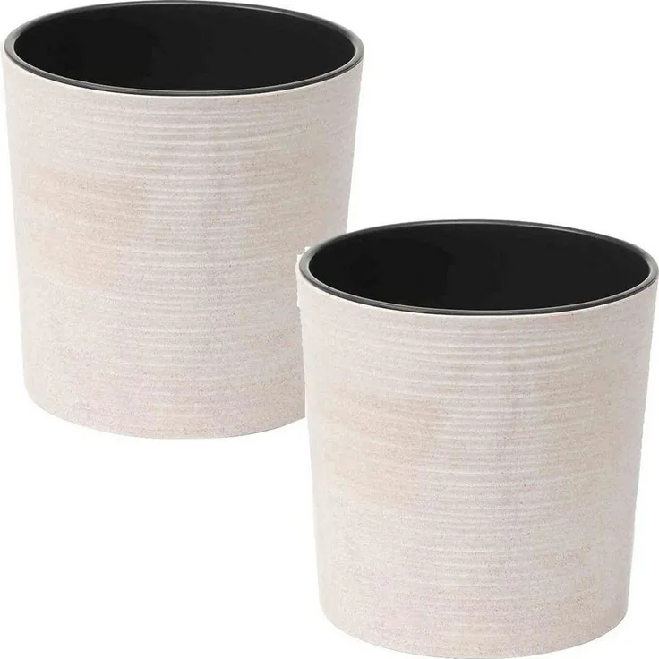 Pflanzgefäß LOCON 2er-Set weiß Ø 25 × H 25,5 cm – Kunststoffgefäße in Rillenoptik mit Holzfaseranteil und schwarzem Einsatz für Garten Balkon und Wohnraum