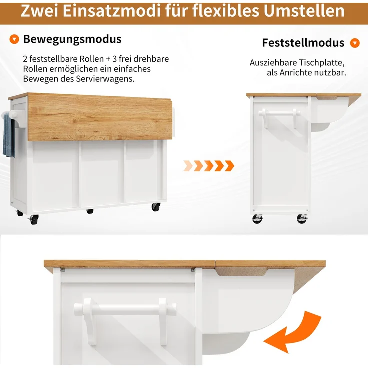 Merax Kücheninsel, Buffetschrank, Küchenschrank, Küchenwagen und klappbarer Arbeitsplatte mit Handtuchhalter Gewürzregal Türregal Weinregal und verstellbaren Einlegeböden, weiß – Bild 5