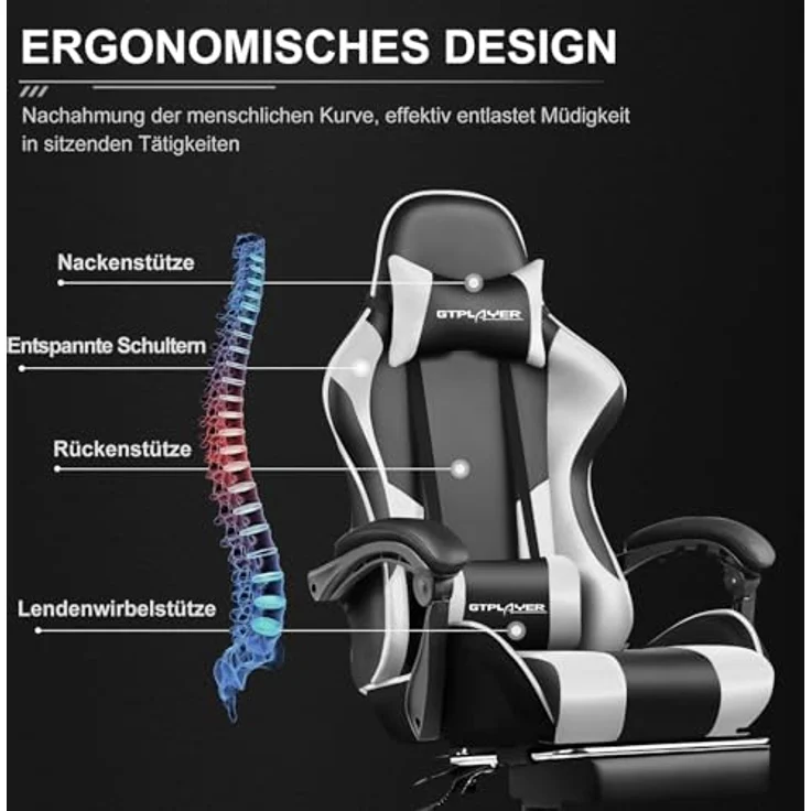GTPLAYER Bürostuhl Gaming Stuhl Massage Gaming Sessel Ergonomischer Gamer Stuhl mit Fußstütze, Kopfstütze Massage-Lendenkissen, Gepolstert Gaming Chair, Drehsessel Weiß – Bild 6