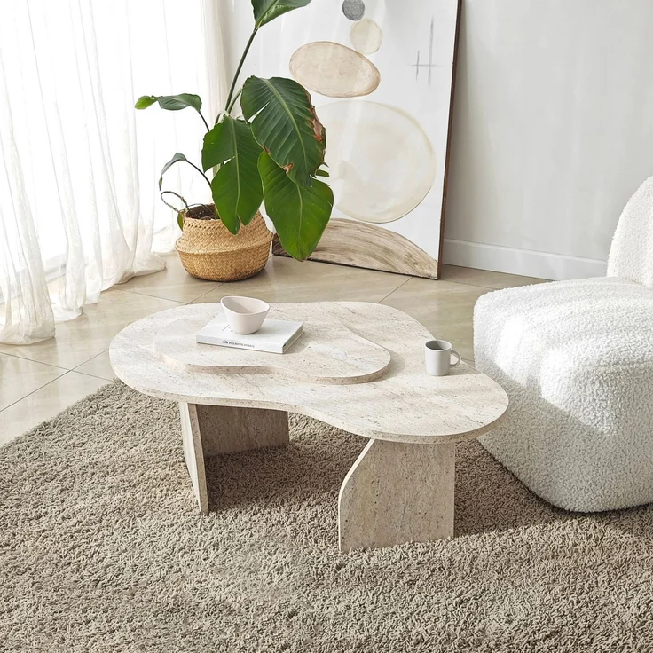 Elegant Coffee Table, Travertine Color, 105 x 35 x 65 cm | 100% Melamine Coated Particle Board, 18 mm Thickness | Stylish Solid Beige & Marble Design – Bild 1