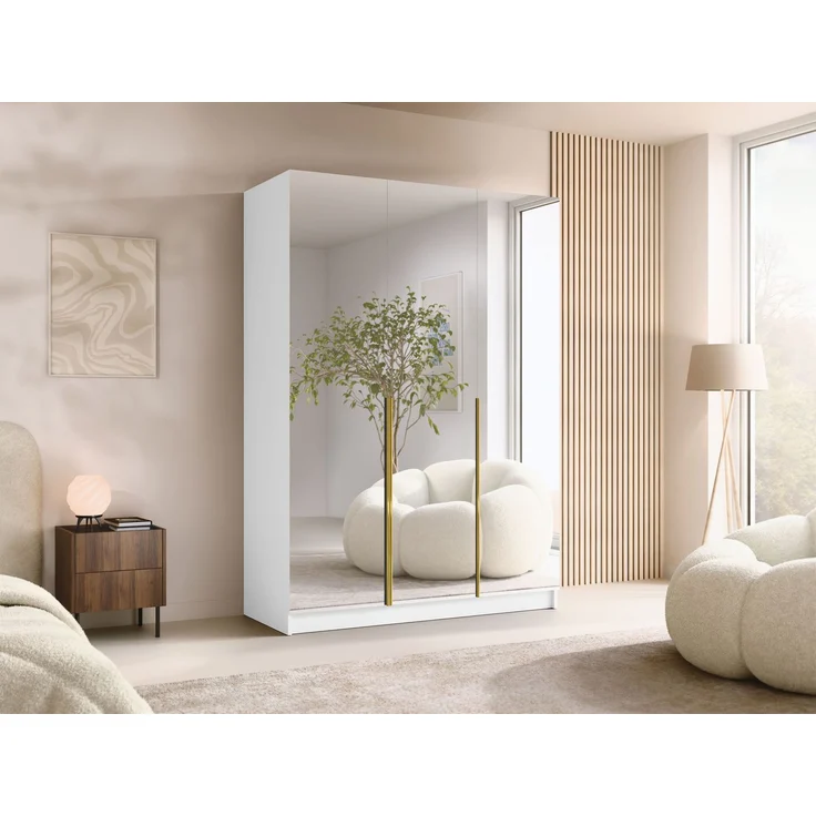 Mirjan24 'Cikzori' Kleiderschrank mit Einlegeböden und Kleiderstange, 3-türig, Laminatplatte, 215 x 58 x 150 cm, Weiß / Gold, mit Spiegelfront – Bild 2