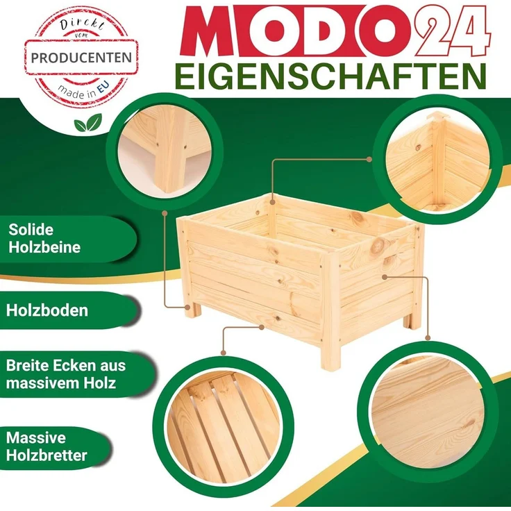Modo24 Blumenkasten aus Kiefernholz, Pflanzkübel Holz, Hochbeet Blumentopf, Balkonkasten, Blumenkübel Outdoor Holzkiste Garten Terrasse, Imprägniert Wetterfest – Bild 2