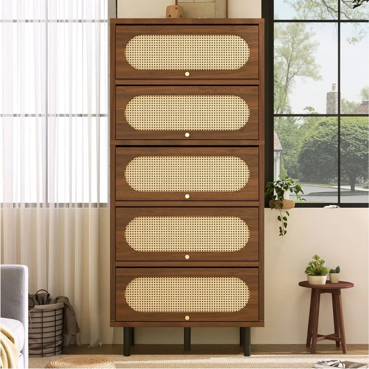 Flieks Hochschrank Kommode mit 5 Klappen und Rattantüren in Walnussholzfarbe (80x40x163 cm, 1-St, für Wohnzimmer, Schlafzimmer, Flur, Arbeitszimmer und Esszimmer) Mehrzweckschrank Sideboard Holzschrank Highboard, Metallbeine – Bild 3