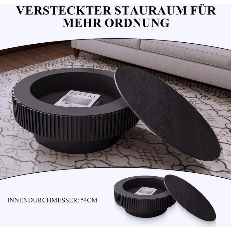 SeedWave Couchtisch mit Stauraum Sofatisch in Pilzform mit 75cm Runder Tischplatte, Wohnzimmertisch mit Massivholzfurnier – Bild 4
