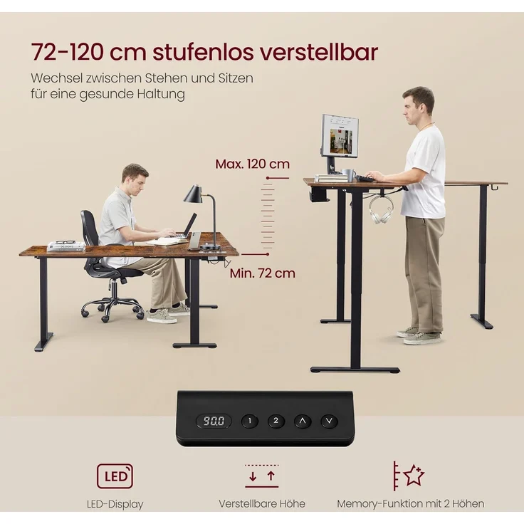 VASAGLE Höhenverstellbarer Schreibtisch, 190 x 155 cm, L-förmiger Eckschreibtisch, Stehtisch, 2 AC-Steckdosen, 2 USB-A-Anschlüsse, Ablage für Steckdosenleiste, für Büro, vintagebraun LSD295KD01 – Bild 4