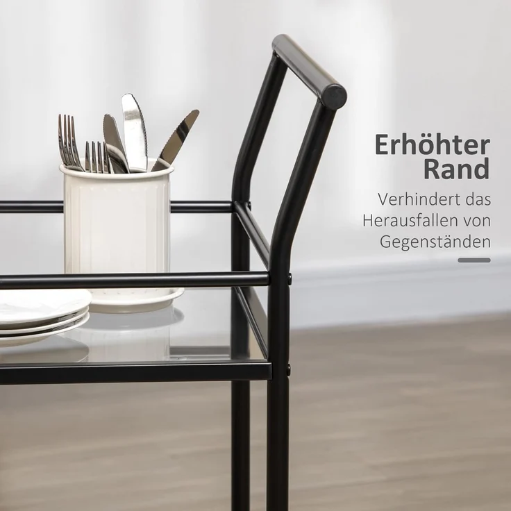 HOMCOM Servierwagen Rollwagen mit 4 Rollen, 2 Ablagen und Griffen, (Küchentrolley, 1 St, Küchenwagen), Schwarz 75 x 40 x 80 cm – Bild 4