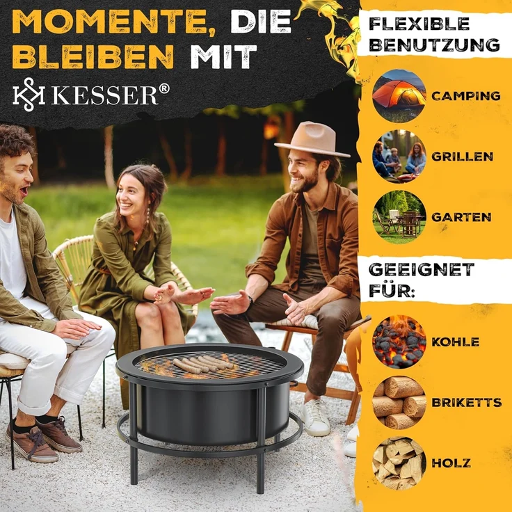 KESSER® Feuerschale mit Grillrost Ø65cm Feuerkorb 0,6mm Kaltveredelter Stahl | mobile Feuertonne mit Reifen | Holz & Kohle Feuerstelle inkl. 60cm Feuerhaken aus Gusseisen, Ø52cm, Bürste & Cover Schwarz – Bild 4
