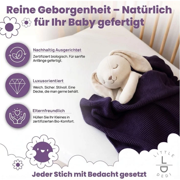 Babydecke Baby Strickdecke, %100 Bio Baumwolle, Atmungsaktiv, 80x100 cm, Violett, Little Dedi – Bild 2