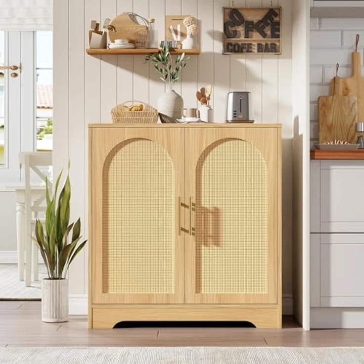 GarveeHome 2-Stöckiges Sideboard Mit Rattantüren, Buffetschrank Mit Metallgriffen, Für Esszimmer Und Wohnzimmer, 76,2 x 39,6 x 80 cm – Bild 3