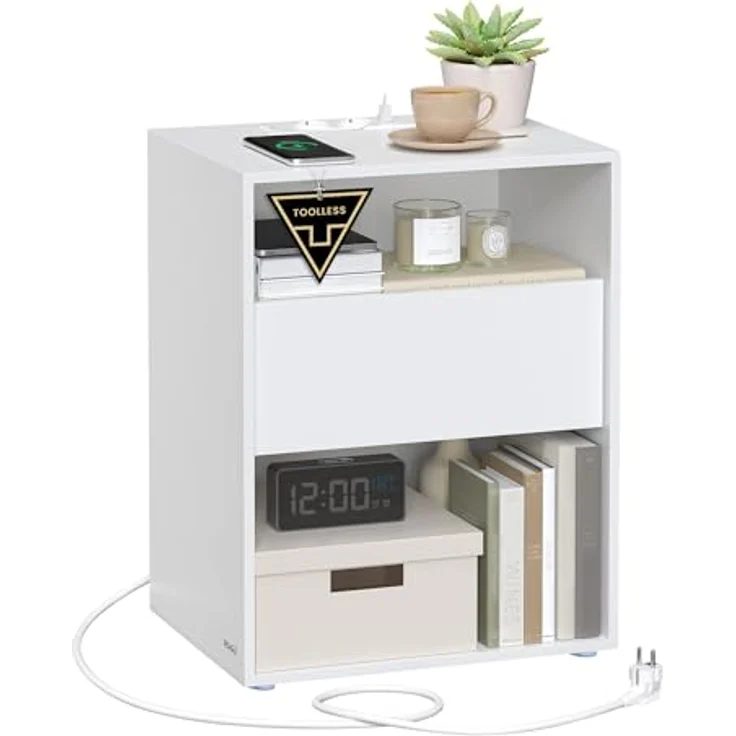Vasagle Toolless-Technologie, superschnelle werkzeuglose Montage, Nachttisch, Beistelltisch mit Ladefunktion, Nachtschrank mit Schublade, modern, Schlafzimmer, Wohnzimmer, mattweiß LETDE777W04 – Bild 2