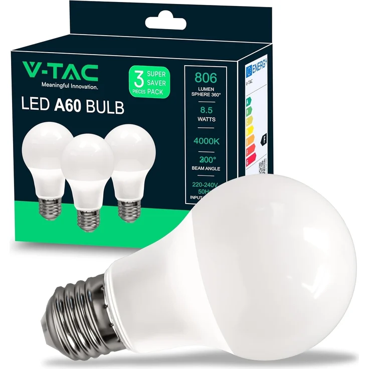 V-TAC 3x LED Glühbirne E27 8,5W (entspricht 60W) A60-806Lumen - LED Lampe 4000K Neutralweiß - LED Glühlampen - Energiesparlampe - 3er Pack